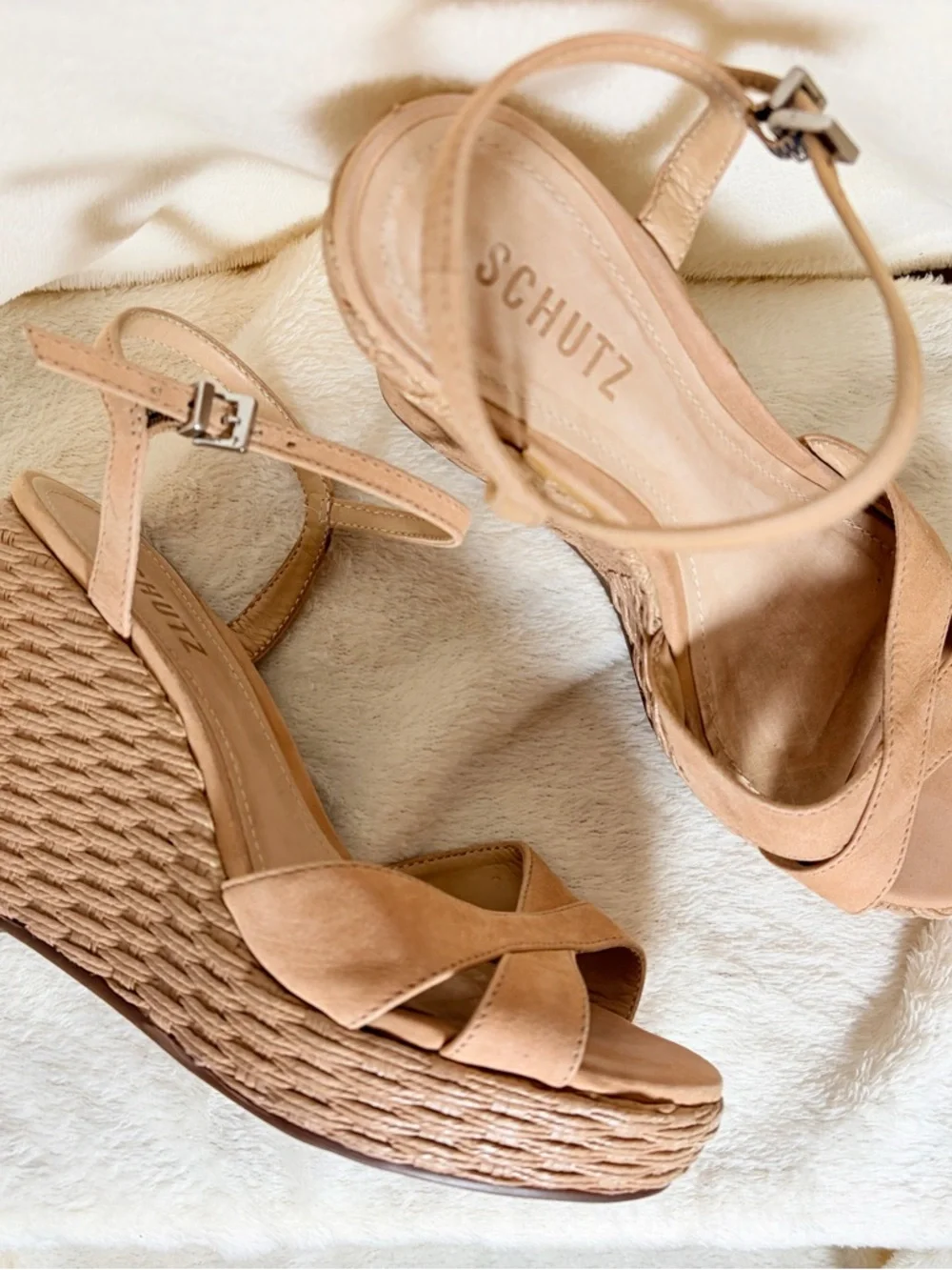 SCHUTZ Nude Tan‎ Wedge Espadrille Sandals with Ankle Strap